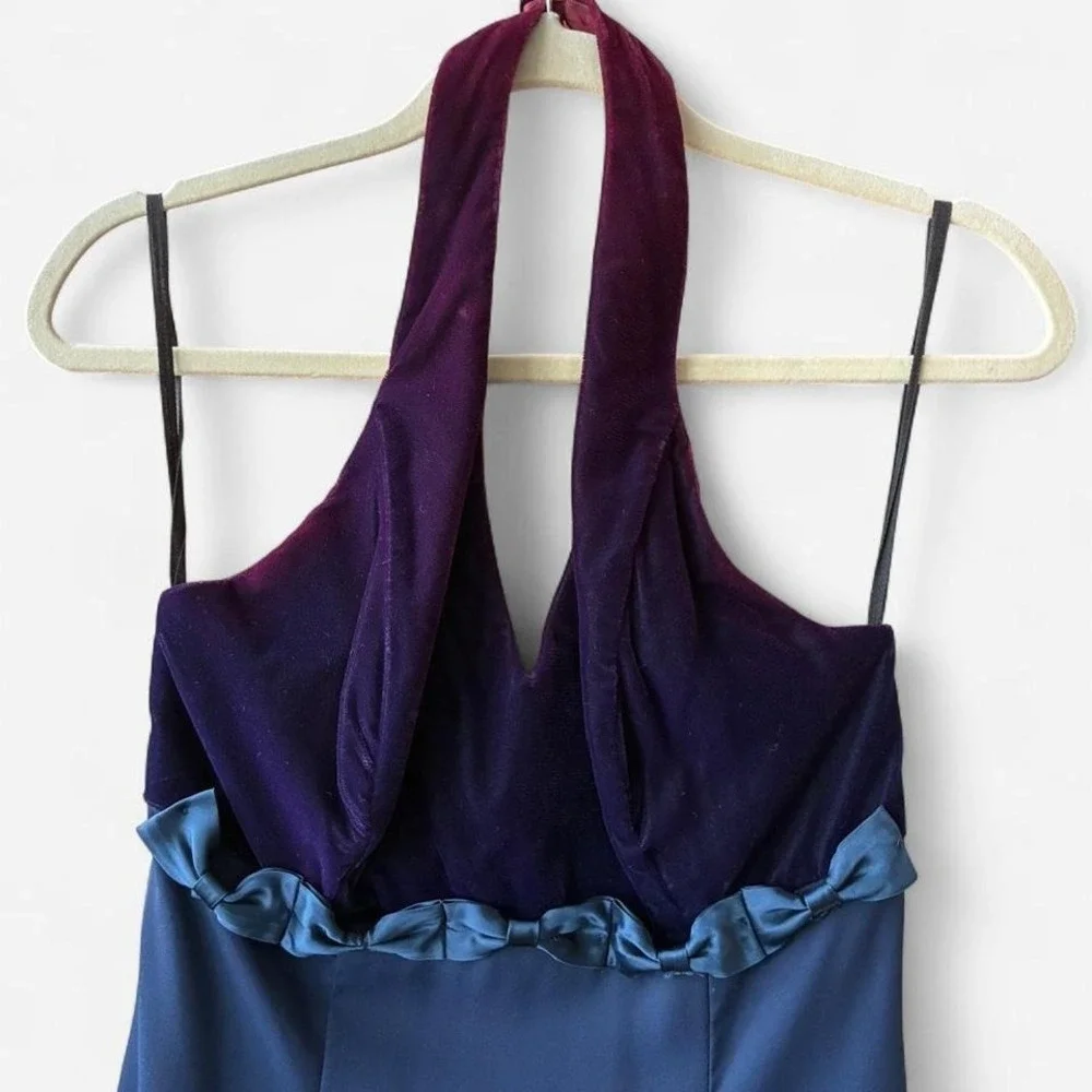 Vintage Y2K Style Navy blue & magenta velvet halter neck dress‎ w/ ruffle detail